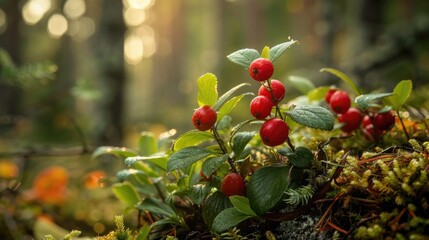 Ripe red lingonberry or cowberry in autumn forest setting, vertically oriented