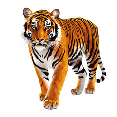 Fototapeta premium Tiger walking gracefully, white isolate background