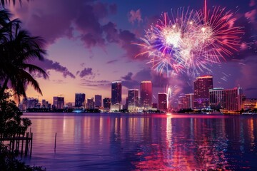 Obraz premium Vibrant Miami skyline with dazzling fireworks, ideal for festive themes.