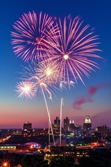 Fototapeta premium Fireworks display over cityscape at dusk during Omaha celebration event