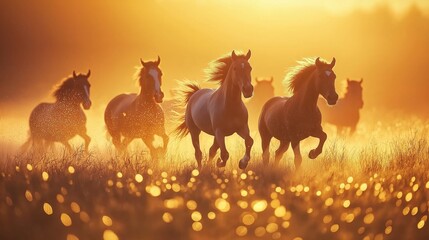 Naklejka premium A group of wild horses galloping through a golden field at sunset.