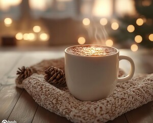 Drinking hot cocoa with glowing AR recipe data, cozy indoor winter space, soft warm lighting, photorealistic