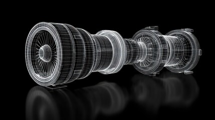Wireframe 3D model of a jet engine isolated on black background.