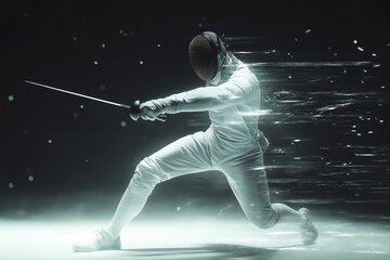 fencer lunging forward the scene exhibit a significant motion blur