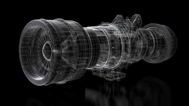 Wireframe of a jet engine isolated on black background with reflection. - Powered by Adobe
