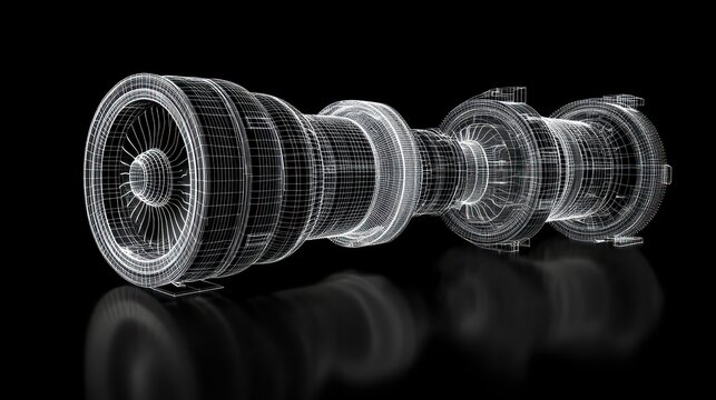 Wireframe 3D model of a jet engine isolated on black background.