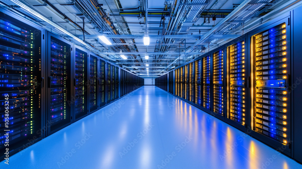 Poster server room with black racks and blinking indicator lights
