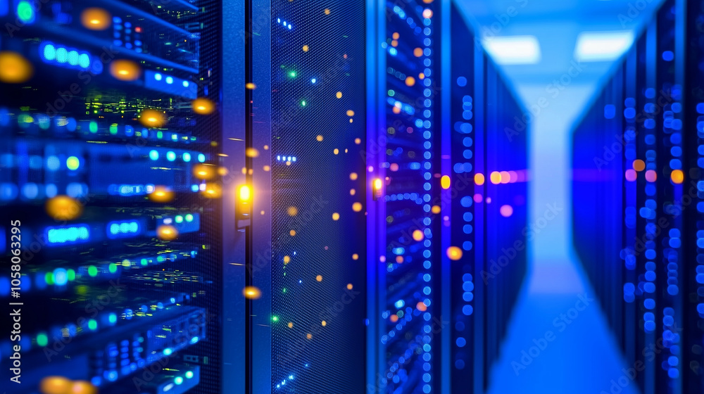 Poster close up of server rack in modern data center with blinking lights