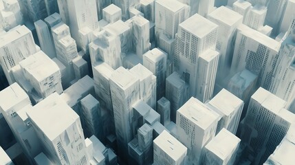 A high-angle view of a white monochromatic architectural model depicting a dense cityscape with abstract building structures, ideal for urban design presentations