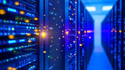 Naklejka premium Close up of server rack in modern data center with blinking lights