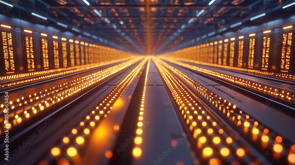 Poster data center aerial view with server racks and blinking lights