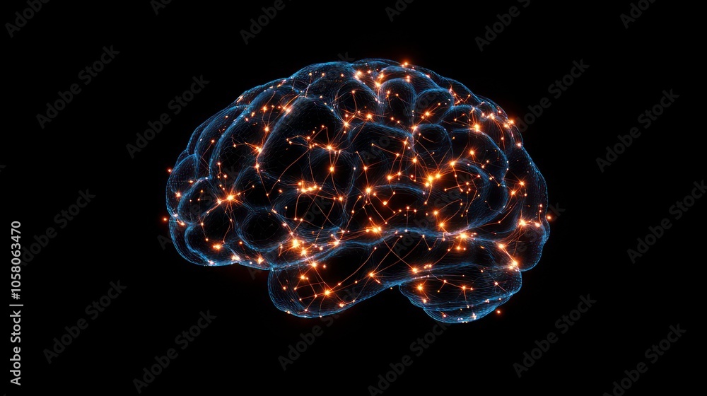 Aufkleber a glowing 3d brain with orange glowing nodes and lines connecting them.