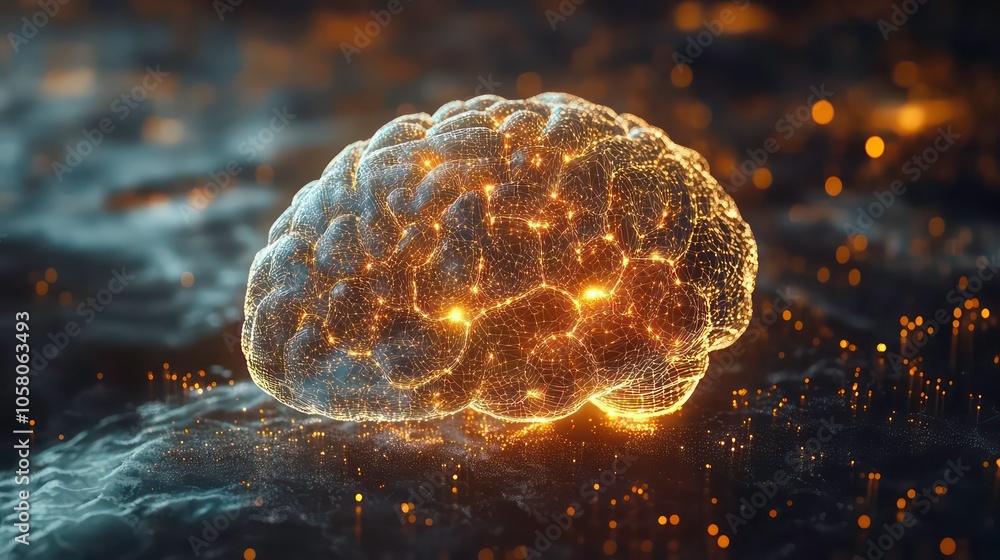Poster a glowing, digital brain made of particles, set against a dark background with bokeh.