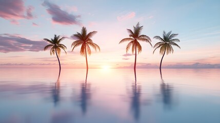 Dreamy tropical landscape, palm trees forming abstract shapes under a glowing sunset, pink and orange tones filling the sky and reflecting on water