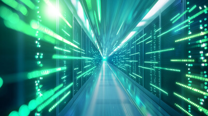 Data Center with Mirror Finish Server Racks and LED Lights