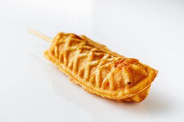 solated Corn Dog with Ketchup Mustard on White Plate with Cola Fast Food Snack
