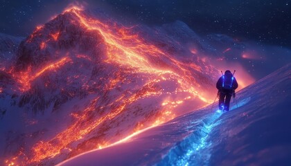 Fototapeta premium Going ice climbing with glowing AR safety and navigation guides, dynamic icy mountains, vibrant lighting, photorealistic