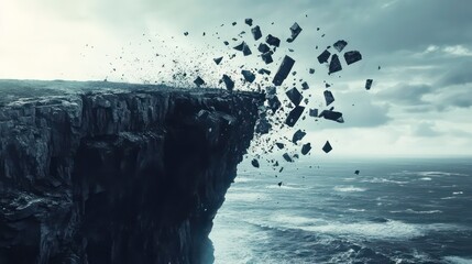 A dramatic image of a cliff crumbling into the sea, with a sense of destruction and the power of nature.