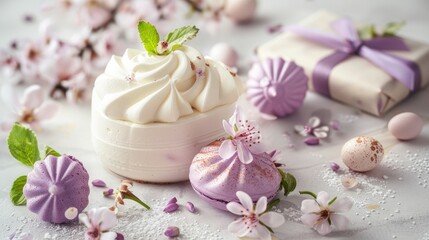 Egg-based dessert with meringue, flower, and gift box on light backdrop