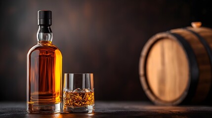 Close-up of whiskey bottle, glass, and wooden barrel, detailed textures of glass and wood, muted backdrop with room for branding and copy