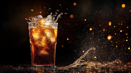 A glass of cola with ice cubes splashing on a dark background.