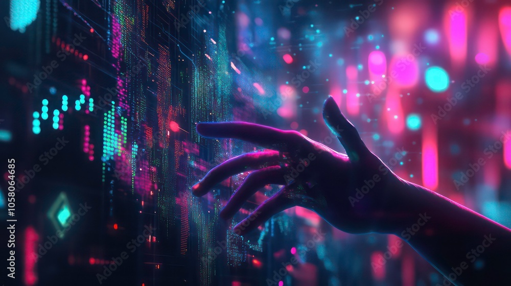 Aufkleber a hand reaches out to touch a digital interface, composed of colorful lines and data, against a back