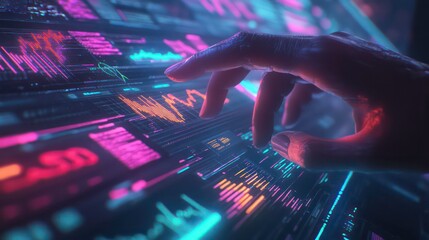 A hand interacts with a holographic screen displaying financial data.