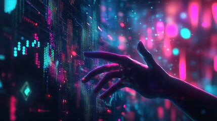 A hand reaches out to touch a digital interface, composed of colorful lines and data, against a backdrop of glowing lights.