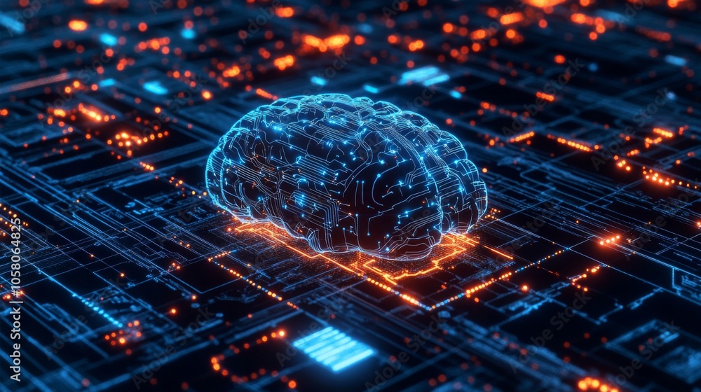 Poster a digital representation of a human brain sits on a circuit board, lit with blue and orange lights.
