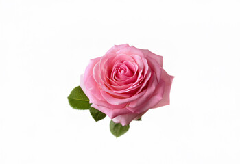 Fototapeta premium A single pink rose with green leaves, isolated on a white background.