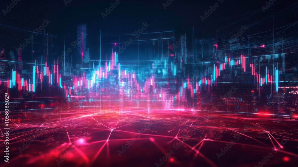 Poster abstract futuristic cityscape with glowing lines and data visualizations, representing the concept o