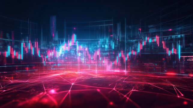 Abstract futuristic cityscape with glowing lines and data visualizations, representing the concept of technology and digital finance. - Powered by Adobe