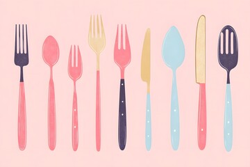 A minimalist, stylized illustration of cutlery, including forks, a spoon, and a knife, each depicted in colors&mdash;red, pink, yellow, blue, and black&mdash;on a neutral background.
