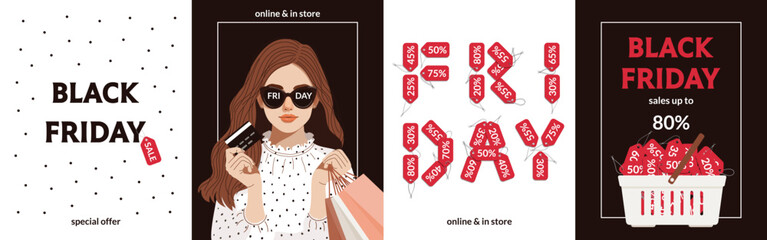 Obraz premium Black Friday Sale Cards. Set of pictures with sale, labels, beautiful girl holding bags, flyer ideas. Vintage style. Vector illustration
