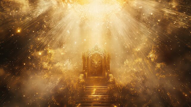 A golden throne sits in a heavenly realm, surrounded by a radiant glow and ethereal particles.