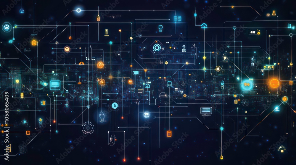 Poster a graphical representation of a connected iot network, with various nodes, devices, and connections.
