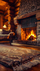 Charming rustic living room with cozy fireplace, brick hearth, and warm firelight for a peaceful atmosphere