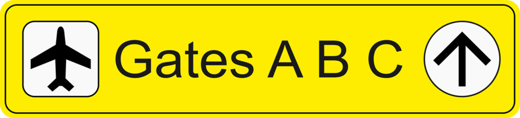 Yellow and black transparent png file of airport information terminal sign showing the direction of gates A,B and C