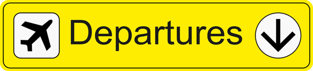 Yellow and black transparent png file of airport information terminal sign showing the direction of departures
