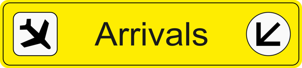 Yellow and black transparent png file of airport information terminal sign showing the direction of arrivals