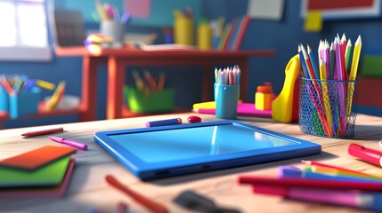 Modern Digital Tablet Surrounded by School Supplies