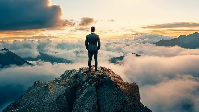 A businessman stands on a mountain peak, overlooking a sea of clouds at sunset