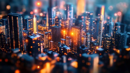 A futuristic city skyline with glowing lights and skyscrapers.