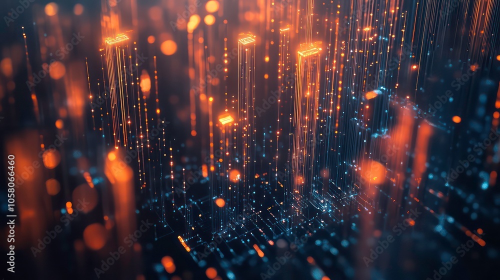 Poster abstract digital city with glowing lights and data streams.