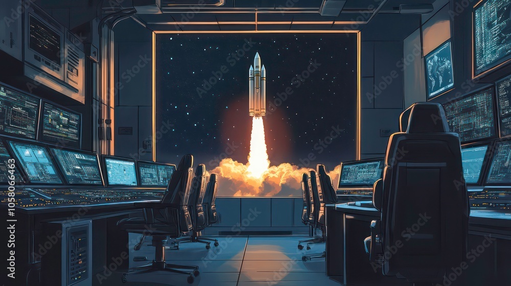 Poster a view of a rocket launching into space from inside a control room with rows of computer screens, tw