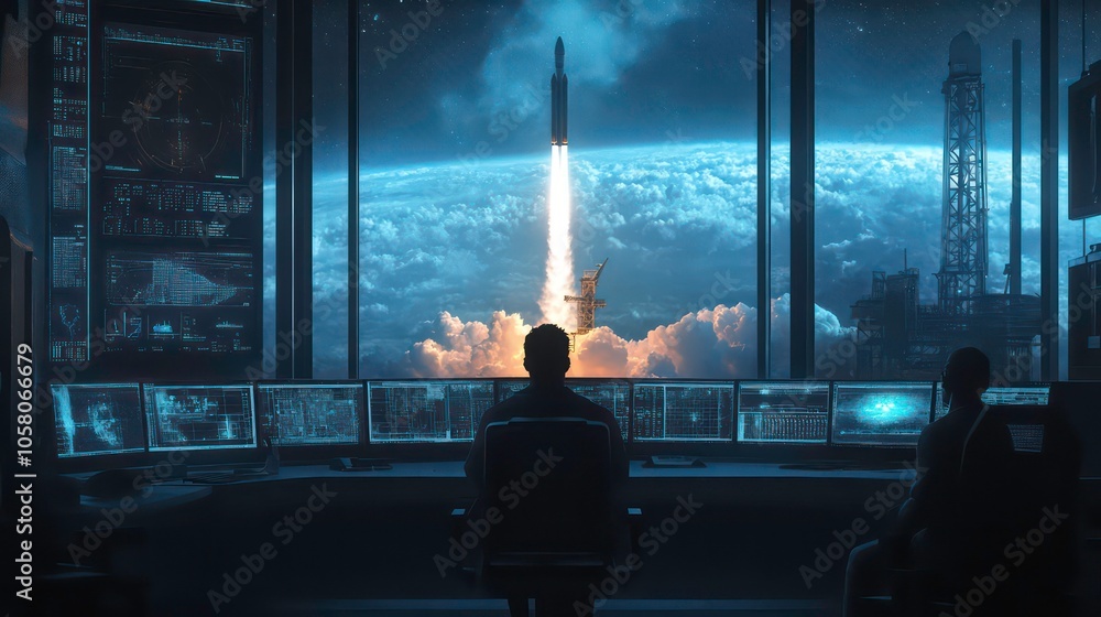 Poster two astronauts watch a rocket launch from a control room with a large window overlooking the earth.