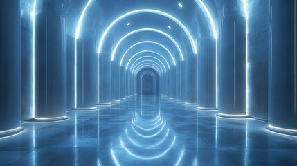 Fototapeta premium Futuristic blue arch stage with sophisticated ambient lighting effects display image