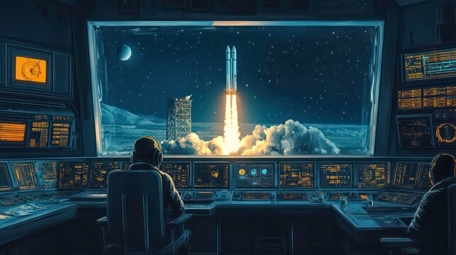 A mission control center, eagerly awaiting the launch of a spacecraft. Watching the rocket takes off into the sky, signaling the start of journey to explore new frontiers in space.