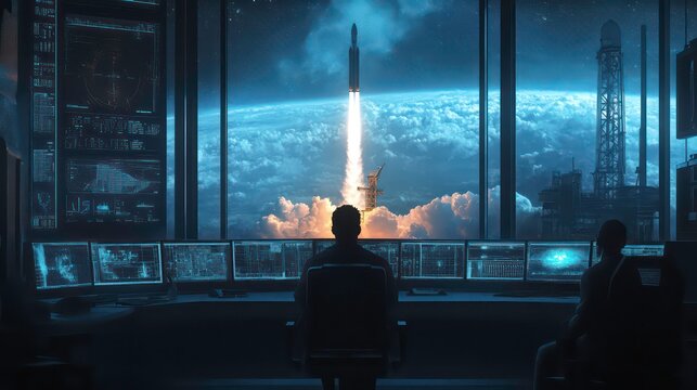 Two astronauts watch a rocket launch from a control room with a large window overlooking the Earth.