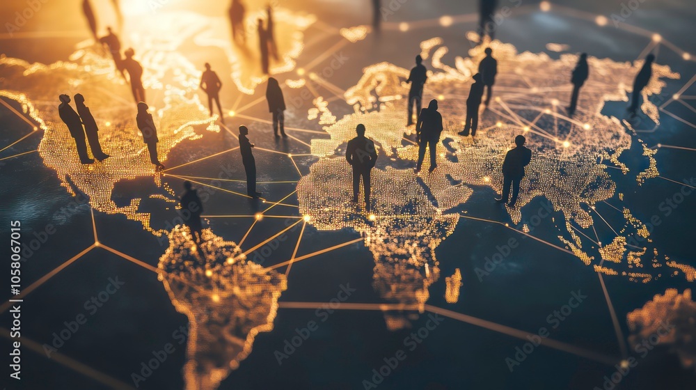 Poster silhouettes of people standing on a world map with glowing lines connecting them, representing globa